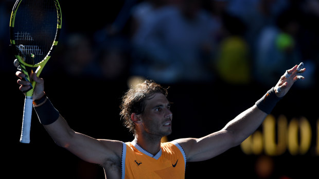 Raf and ready:  Nadal celebrates his fourth-round win over Tomas Berdych.