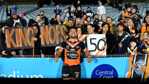 David Nofoaluma celebrates his 150th game against the Warriors in round 11, two nights before chairman Lee Hagipantelis’ daughter’s wedding.