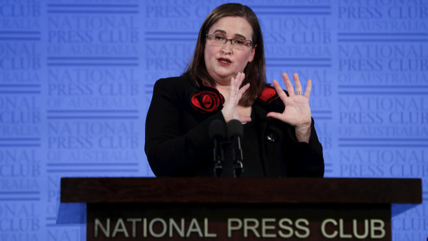 Sex Discrimination Commissioner Kate Jenkins addresses the National Press Club in Canberra on Wednesday.