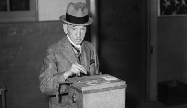 Former Australian Prime Minister William Hughes votes in a referendum in 1937.