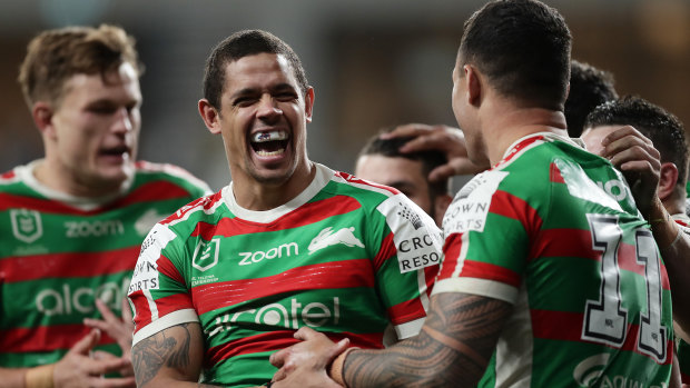 Jaydn Su'A celebrates a try for the Rabbitohs in their hard-fought win over the Bulldogs.