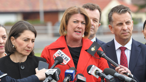 Premier Gladys Berejiklian, left, Roads Minister Melinda Pavey and Transport Minister Andrew Constance announce funding for the F6 Extension on Tuesday.