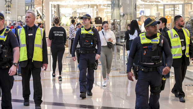 Security guards and PSOs at Chadstone, Melbourne, patrolling the shopping centres and reminding customers of social distancing guidelines.