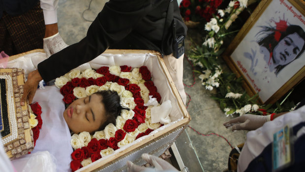 Mya Thwet Thwet Khine, lies in a coffin during her funeral in Naypyitaw, Myanmar on Sunday.