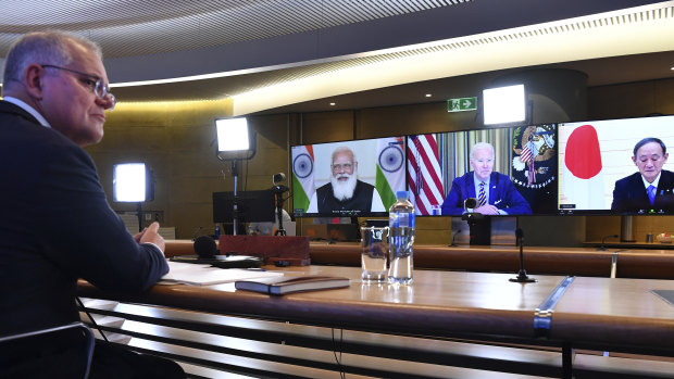 Prime Minister Scott Morrison participates in the inaugural Quad leaders’ meeting.