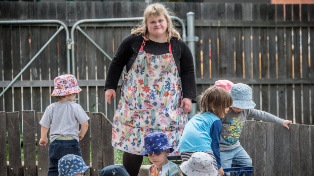 Sharon Champion is the first woman with down syndrome to get her child care qualifications in the ACT and is working at Stella bella childcare in Fyshwick.