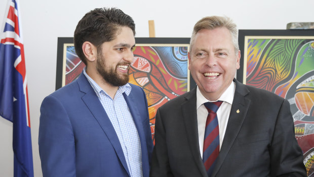 Matthew West, chair of the Darkinjung Local Aboriginal Land Council, left, with Minister for Planning and Housing, Anthony Roberts.