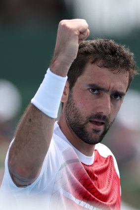 Marin Cilic celebrates his win over Andy Murray at Kooyong.