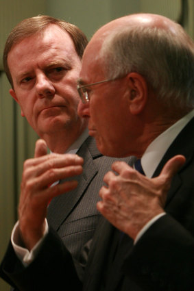 John Howard (right) and Peter Costello hold a joint press conference in Melbourne during the 2007 election.