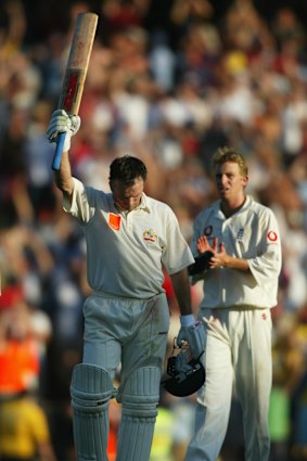 Steve Waugh celebrates his “Perfect Day” century in 2003 at the SCG.