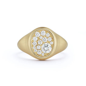 Page is coveting a pave diamond signet ring by Jade Trau.