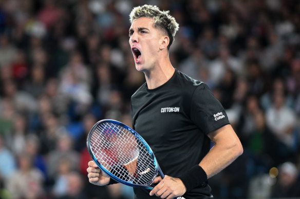 Thanasi Kokkinakis after he won a set against Andy Murray.