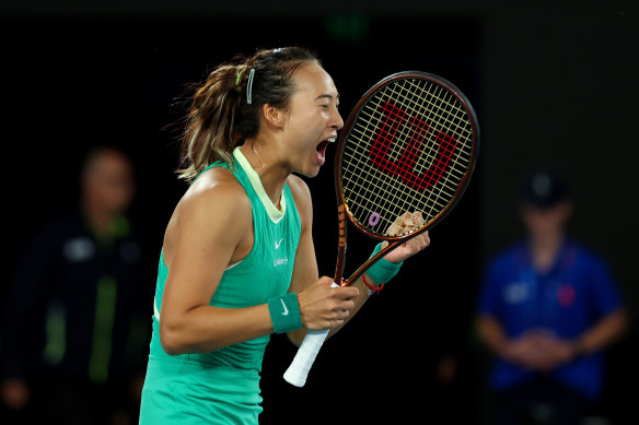 Zheng celebrates match point on Thursday. 