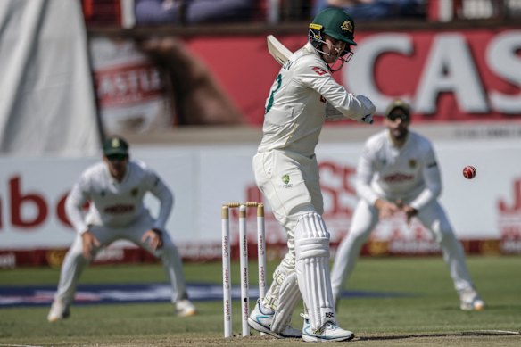 Australia’s Nic Maddinson plays a shot on day one.