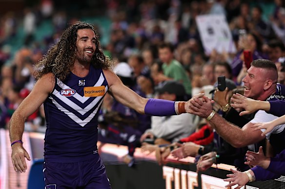 Alex Pearce of the Dockers celebrates with fans.