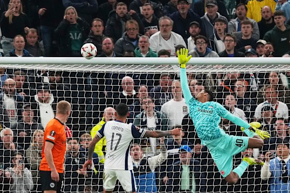 Frankfurt’s goalkeeper Kaua Santos watches a shot from Tottenham’s Pedro Porro hit the bar.