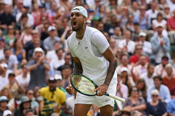 Nick Kyrgios celebrates during his five-set win over Brandon Nakashima.