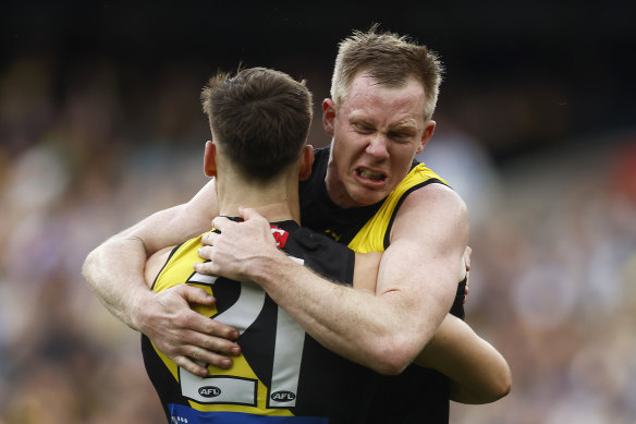 An emotional Jack Riewoldt celebrates a Noah Balta goal.