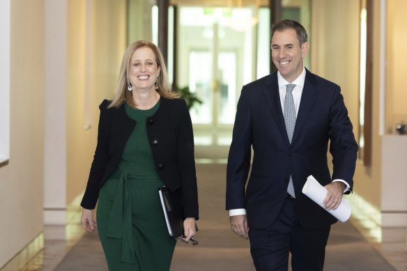 Finance Minister Katy Gallagher and Treasurer Jim Chalmers. Tuesday’s budget will reveal new forecasts showing an earlier return to real wages growth.