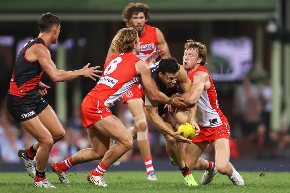 Essendon’s Dylan Shiel is tackled by James Rowbottom and Callum Mills of the Swans last Saturday night. 
