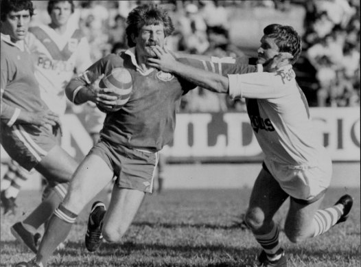 Newtown halfback Barry Wood on the attack against St George during a Craven Mild Cup match in 1979.