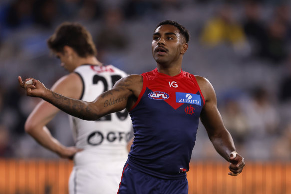 Melbourne’s Kysaiah Pickett celebrates a goal in a game against Port Adelaide last year.