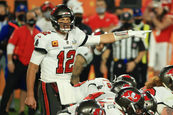Tom Brady of the Tampa Bay Buccaneers signals during the fourth quarter against the Kansas City Chiefs.