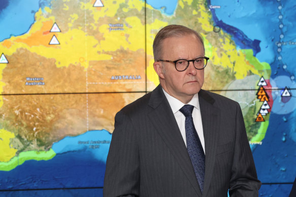 Prime Minister Anthony Albanese during a press conference in the National Situation Room in Canberra.