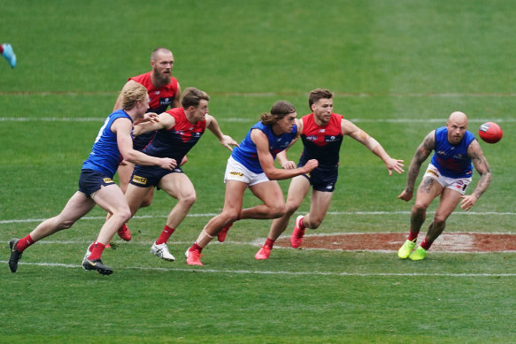 Jack Viney (second from right) in action in the Demons' intra-club match.
