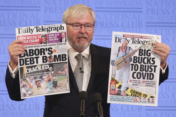 Former prime minister Kevin Rudd holds up the Daily Telegraph during his address to the National Press Club of Australia in March 2021, where he railed against the power of News Corp.