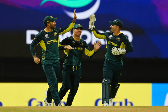 Glenn Maxwell, David Warner and Matthew Wade celebrate Australia’s victory over Namibia