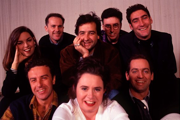 The season two cast of The Late Show. Back row: Jane Kennedy, Tom Gleisner, Mick Molloy, Tony Martin, Jason Stephens. Front row: Santo Cilauro, Judith Lucy, Rob Sitch.