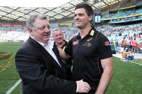 Canterbury supremo Phil Gould (left) has publicly backed Barrett but former Panthers caretaker Cameron Ciraldo (right) will come into contention should the Bulldogs board see things differently.