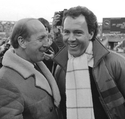 England great Bobby Charlton and Beckenbauer in West Germany in 1984.