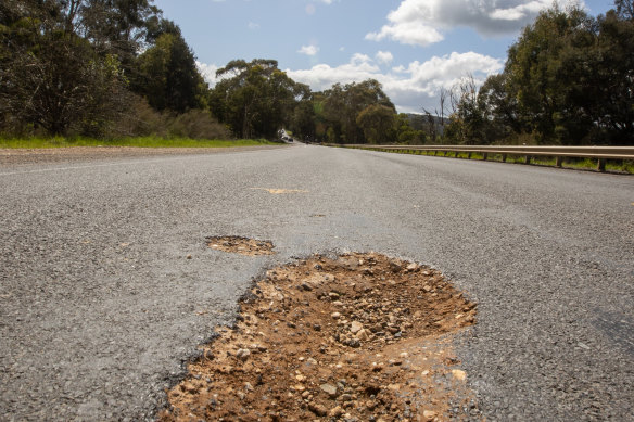 An unfilled pothole on the Melba Highway in early October. 