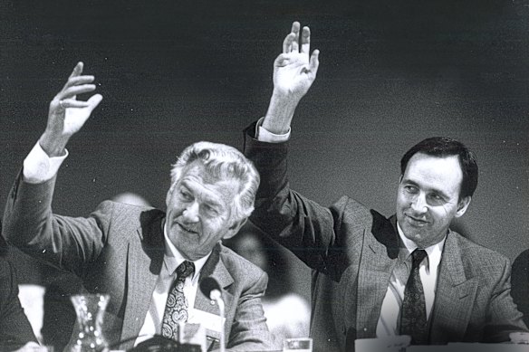 Former Australian prime minister Bob Hawke, left, and then-treasurer Paul Keating.