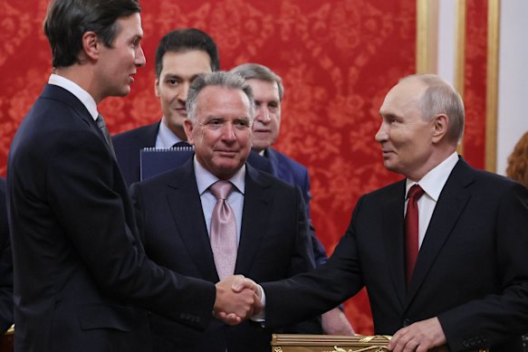 Trump envoys, from left, Jared Kushner and Steve Witkoff, have travelled repeatedly to Russia for meetings with Russian President Vladimir Putin, right.