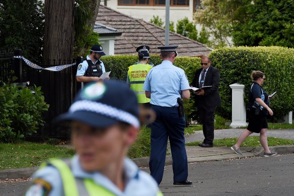 Police on Highlands Avenue in Wahroonga where a crime scene has been established following the shooting. 