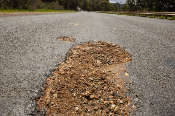 An unfilled pothole on the Melba Highway.