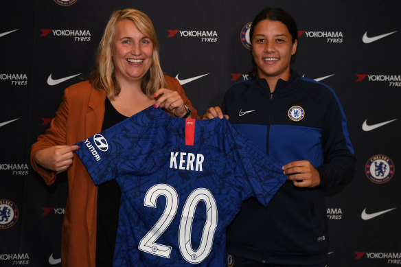 Chelsea coach Emma Hayes with star signing Sam Kerr.