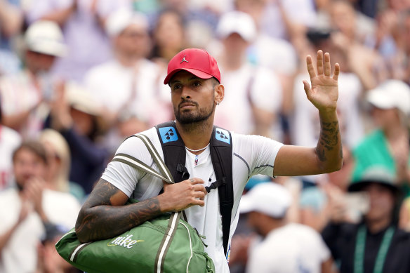 Nick Kyrgios dares to wear a red baseball cap after his fourth-round match at Wimbledon this week.