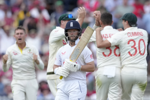 England’s Ben Duckett leaves the pitch after being dismissed for 98 runs.