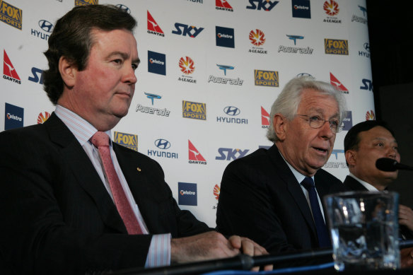 Chairman of the Football Federation of Australia Frank Lowy and CEO John O Neill at A-league launch in Sydney. 