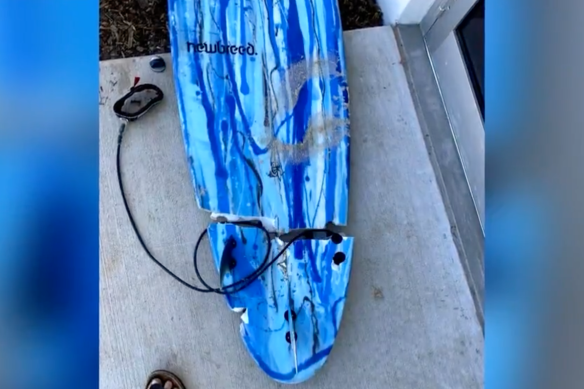 Toby Begg’s surfboard was broken in two during the attack.