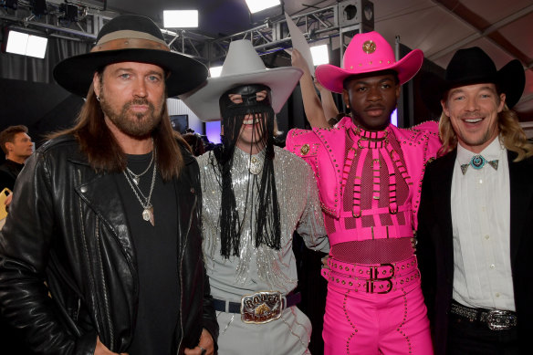 From left, Billy Ray Cyrus, Orville Peck, Lil Nas X and Diplo at the 62nd Grammy awards in LA in late January.