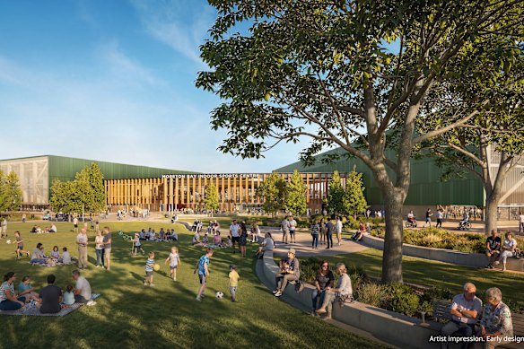 A conceptual image of the Moreton Bay Indoor Sports Centre, which will be built for the Brisbane 2032 Olympics.