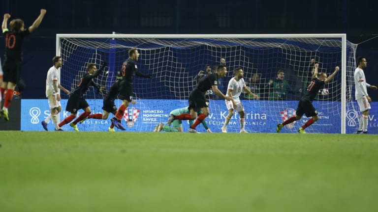 Croatia celebrate the winning goal against Spain in Zagreb.