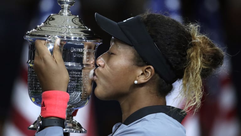 Naomi Osaka celebrates her victory. 