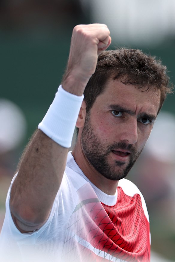 Marin Cilic celebrates his win over Andy Murray at Kooyong.