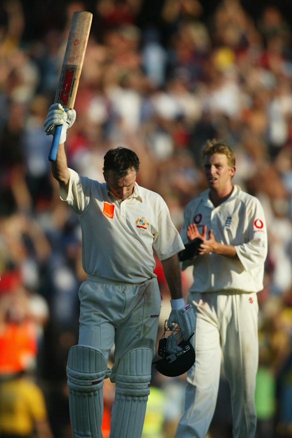 Steve Waugh celebrates his “Perfect Day” century in 2003 at the SCG.